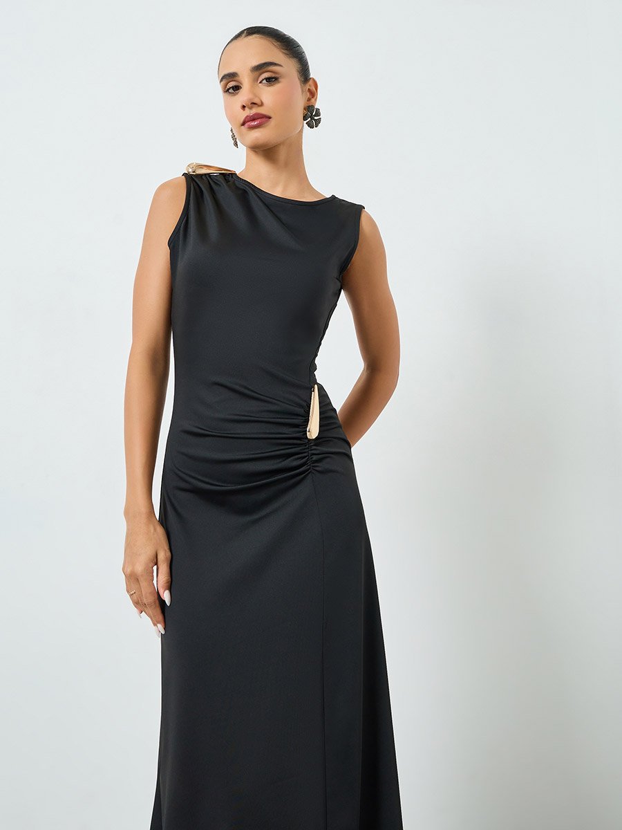 Black Sleeveless Draped Ruched Maxi Dress