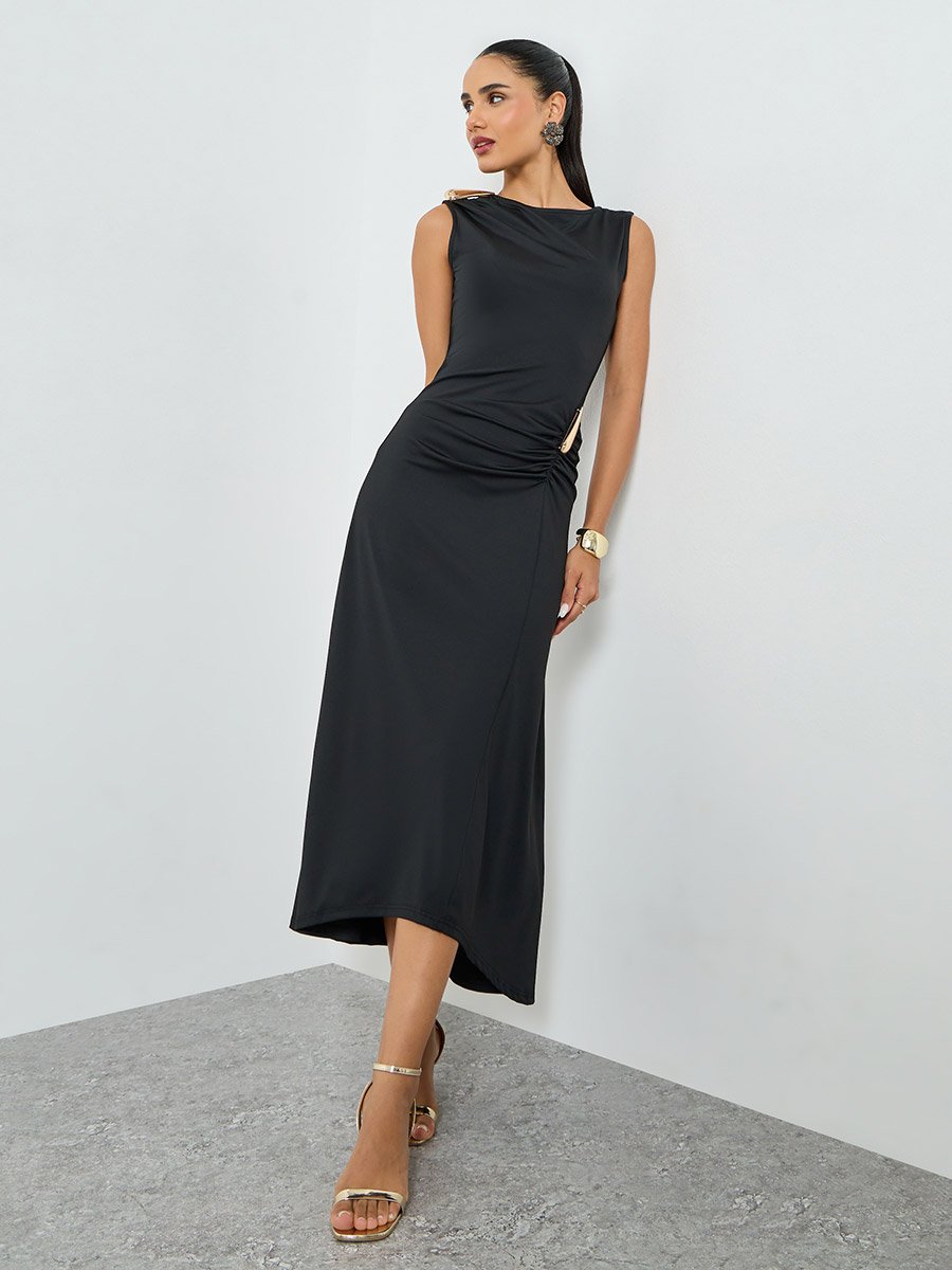 Black Sleeveless Draped Ruched Maxi Dress