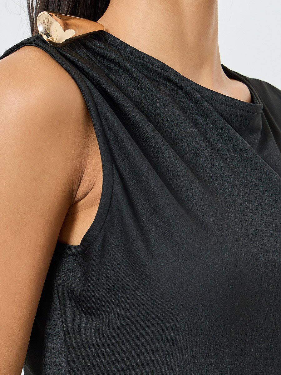 Black Sleeveless Draped Ruched Maxi Dress