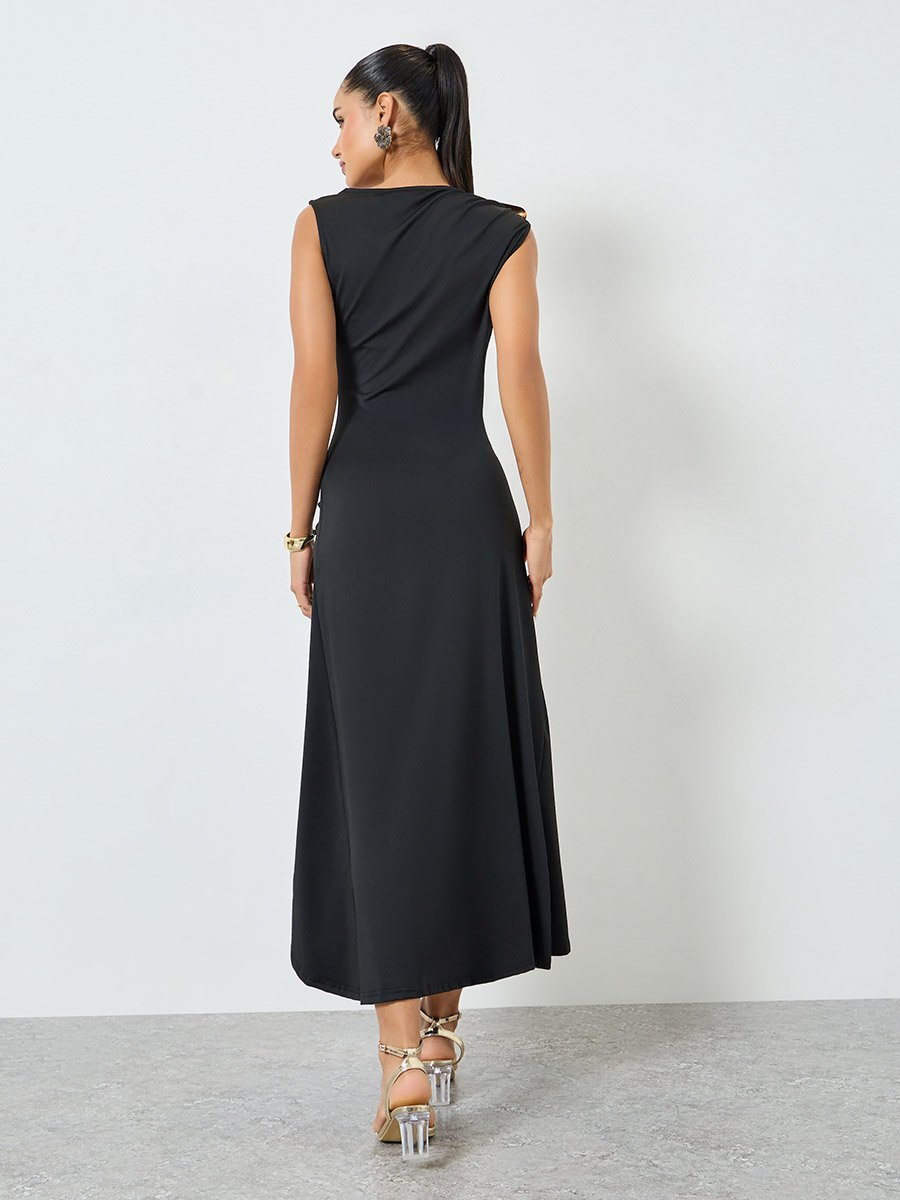 Black Sleeveless Draped Ruched Maxi Dress