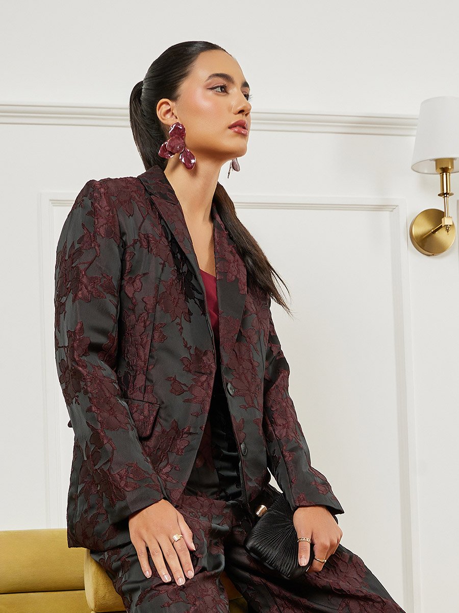 Burgundy Jacquard Double Breasted Blazer