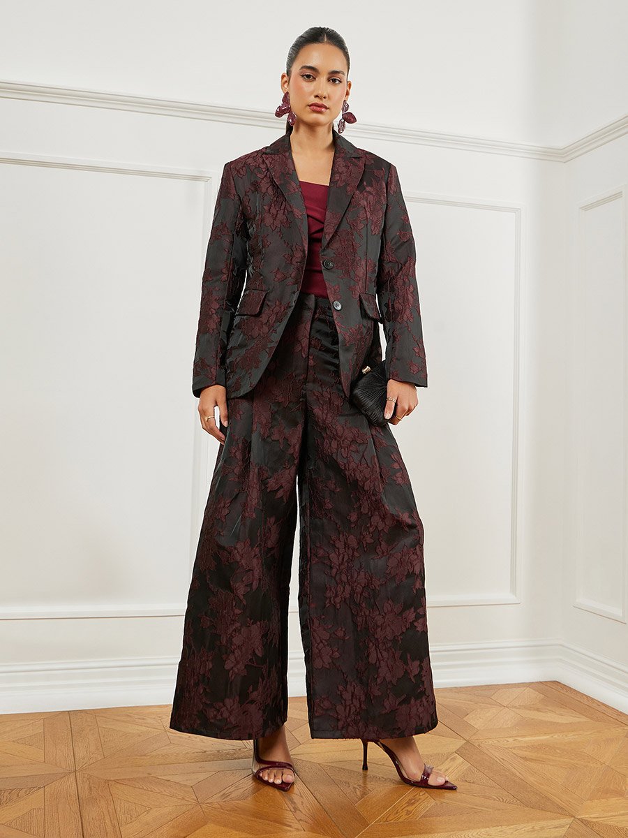 Burgundy Jacquard Double Breasted Blazer