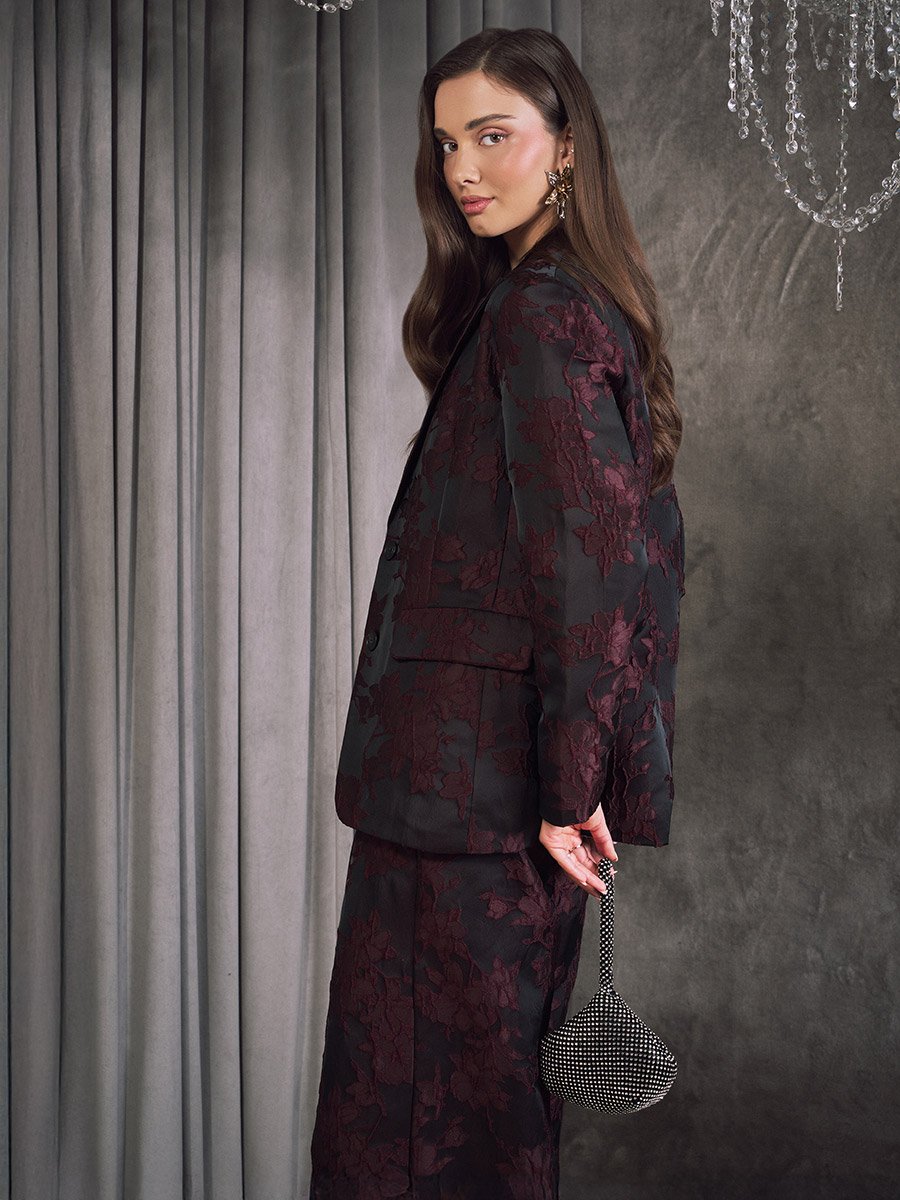 Burgundy Jacquard Double Breasted Blazer