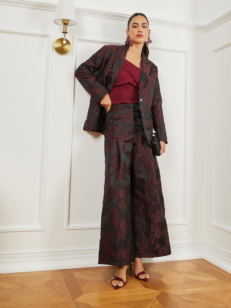 Burgundy Jacquard Wide Leg Trousers