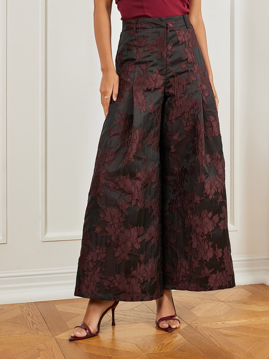 Burgundy Jacquard Wide Leg Trousers