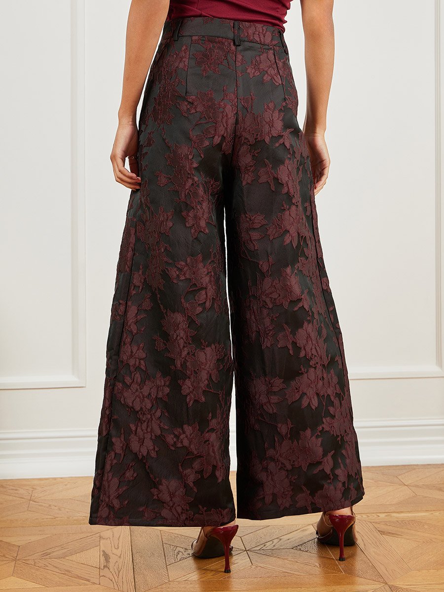 Burgundy Jacquard Wide Leg Trousers