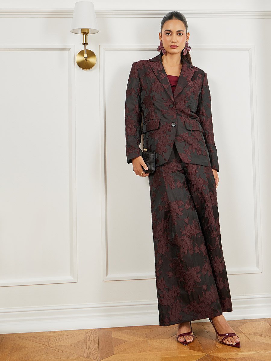 Burgundy Jacquard Wide Leg Trousers