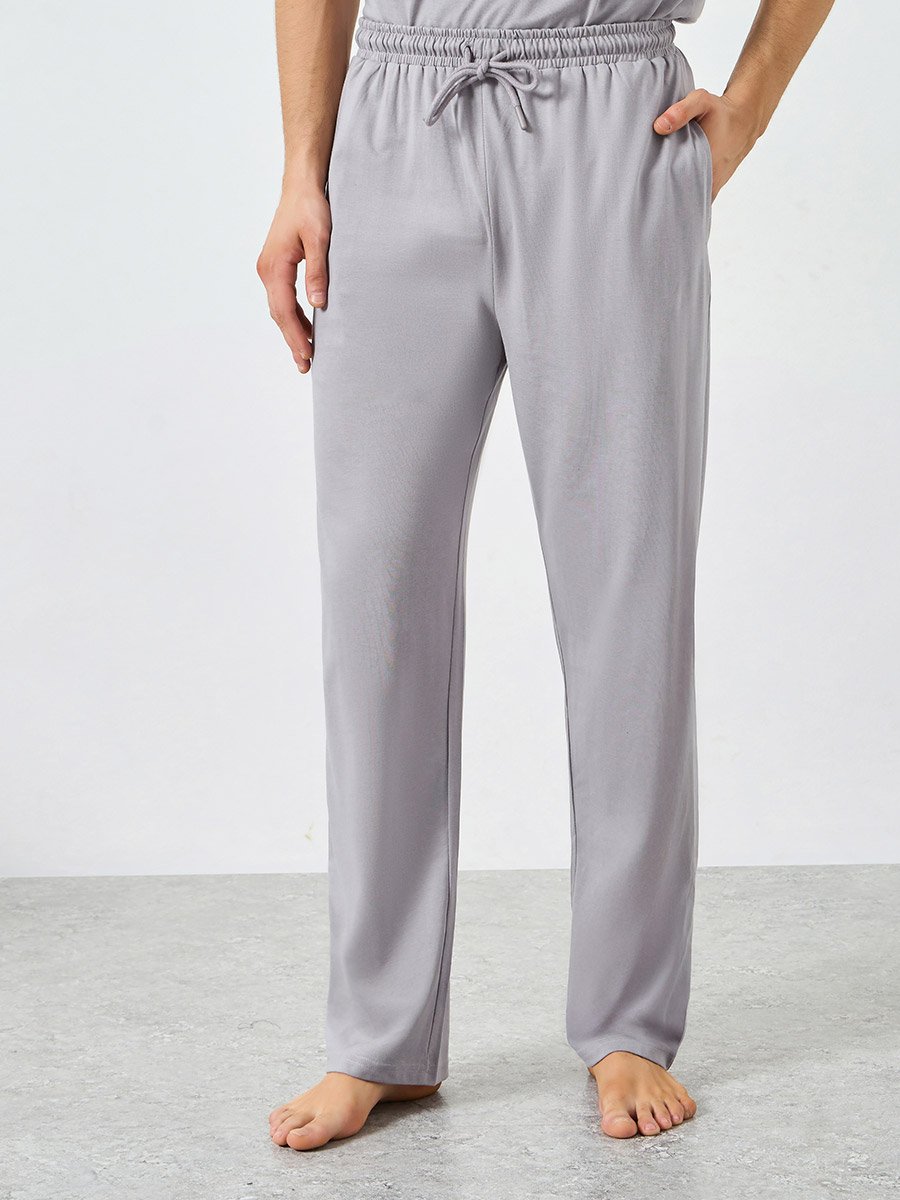 Men Grey Minimal Print T-Shirt and Solid Pyjama Pants Set