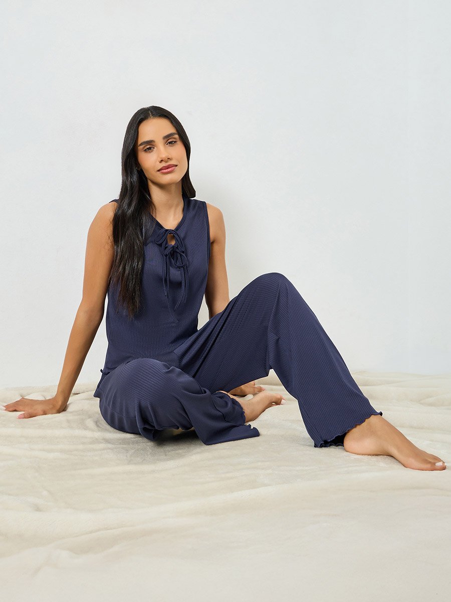 Navy Blue Textured Rib Tie-Front Tank and Wide Leg Pyjama Set