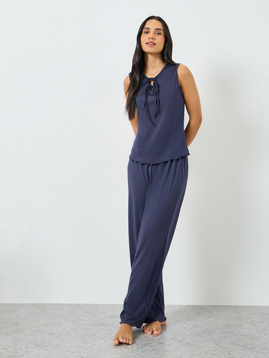 Navy Blue Textured Rib Tie-Front Tank and Wide Leg Pyjama Set
