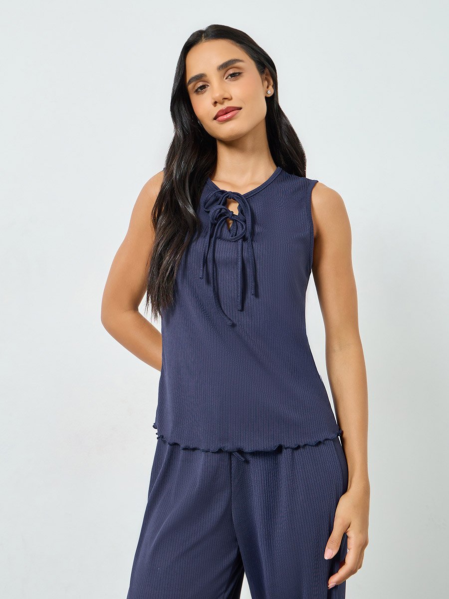 Navy Blue Textured Rib Tie-Front Tank and Wide Leg Pyjama Set