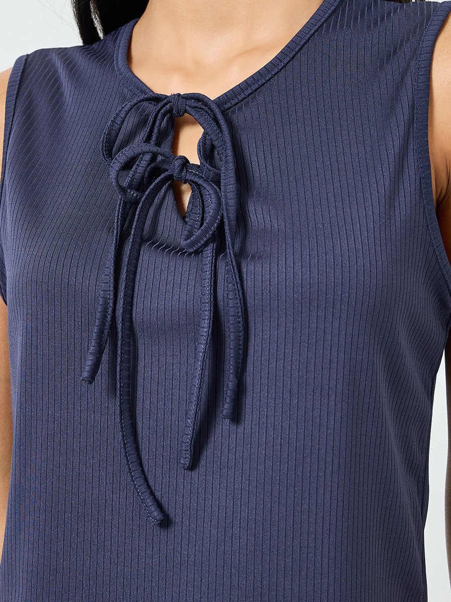 Navy Blue Textured Rib Tie-Front Tank and Wide Leg Pyjama Set
