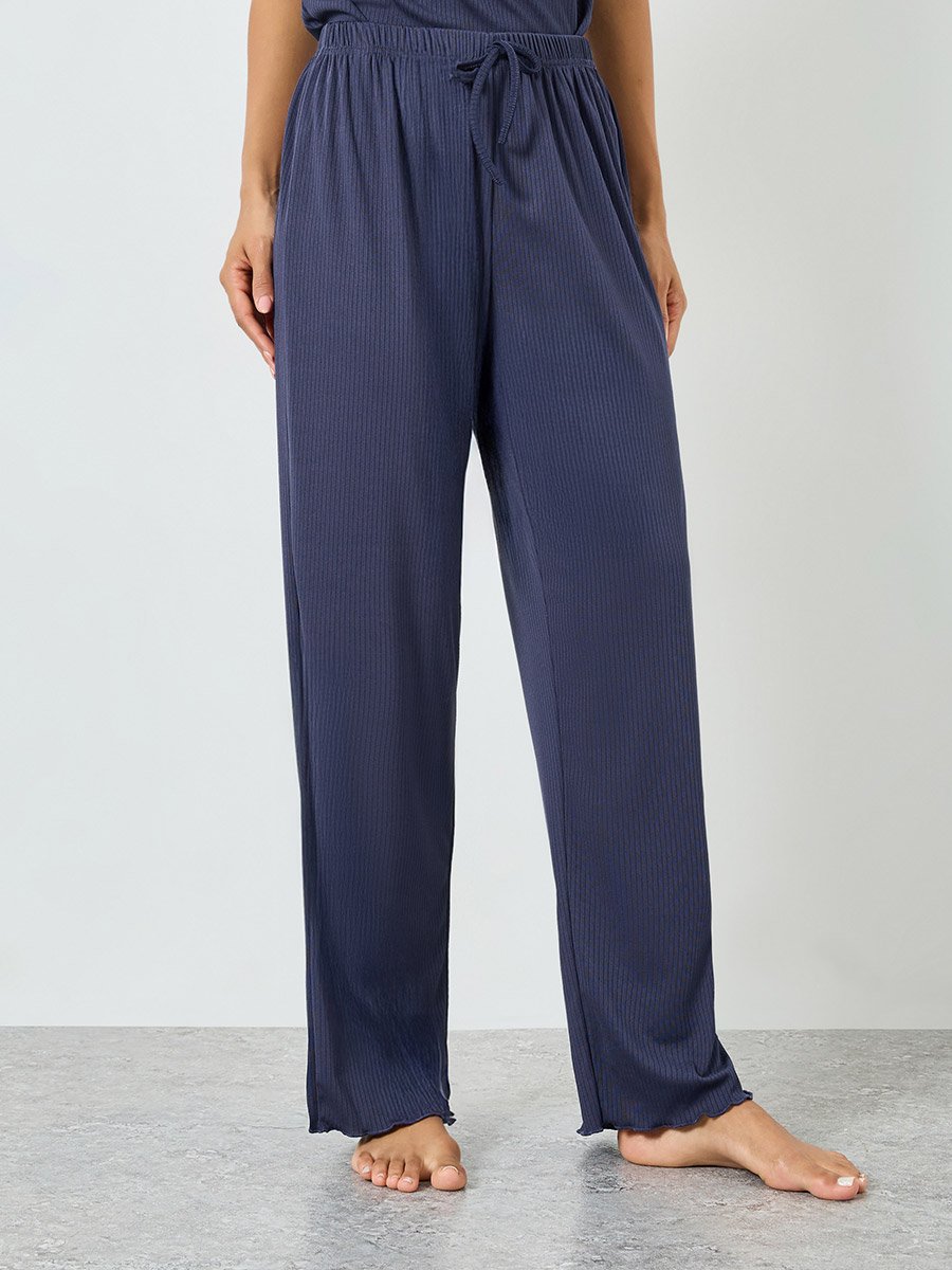 Navy Blue Textured Rib Tie-Front Tank and Wide Leg Pyjama Set