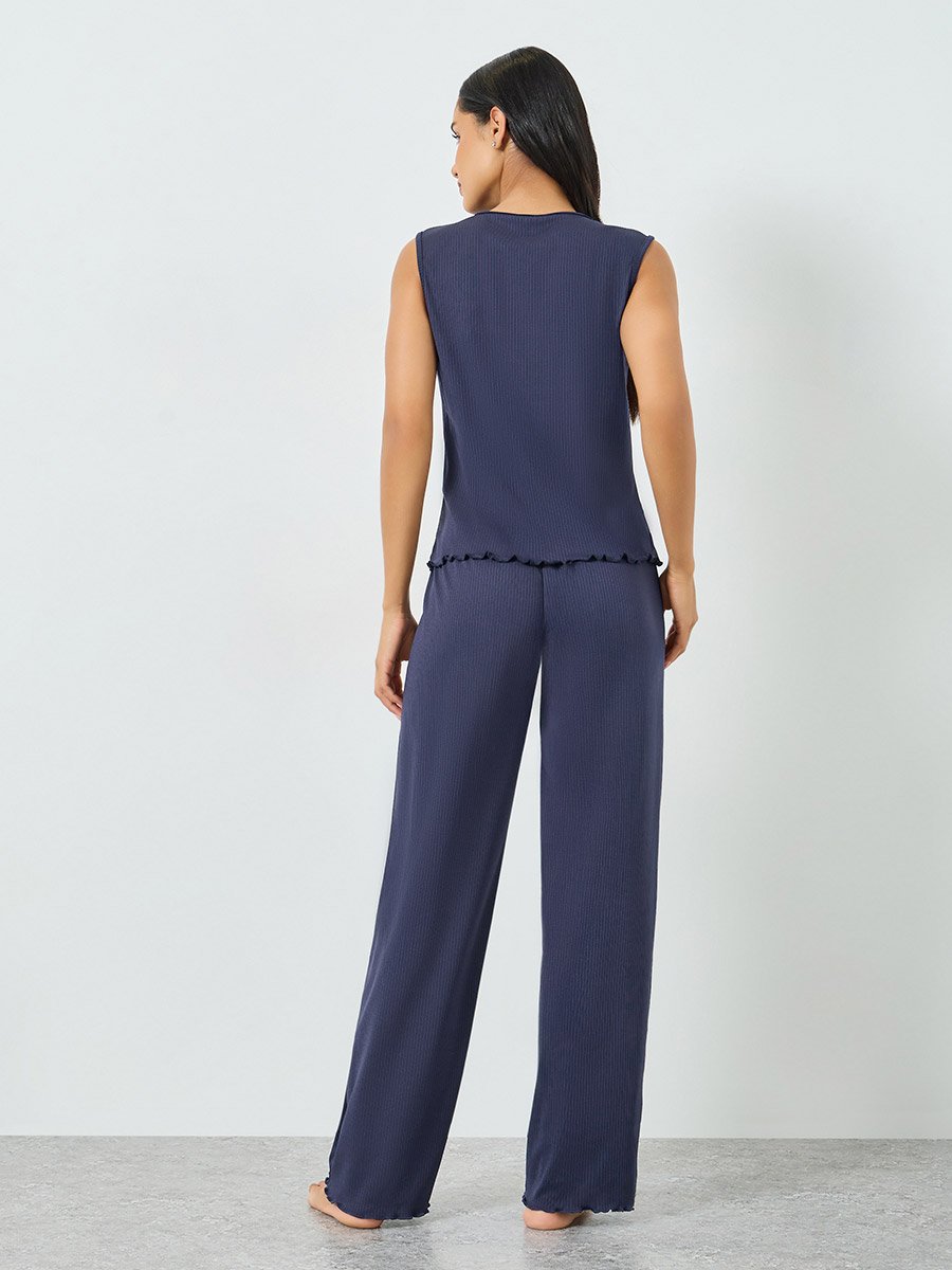 Navy Blue Textured Rib Tie-Front Tank and Wide Leg Pyjama Set