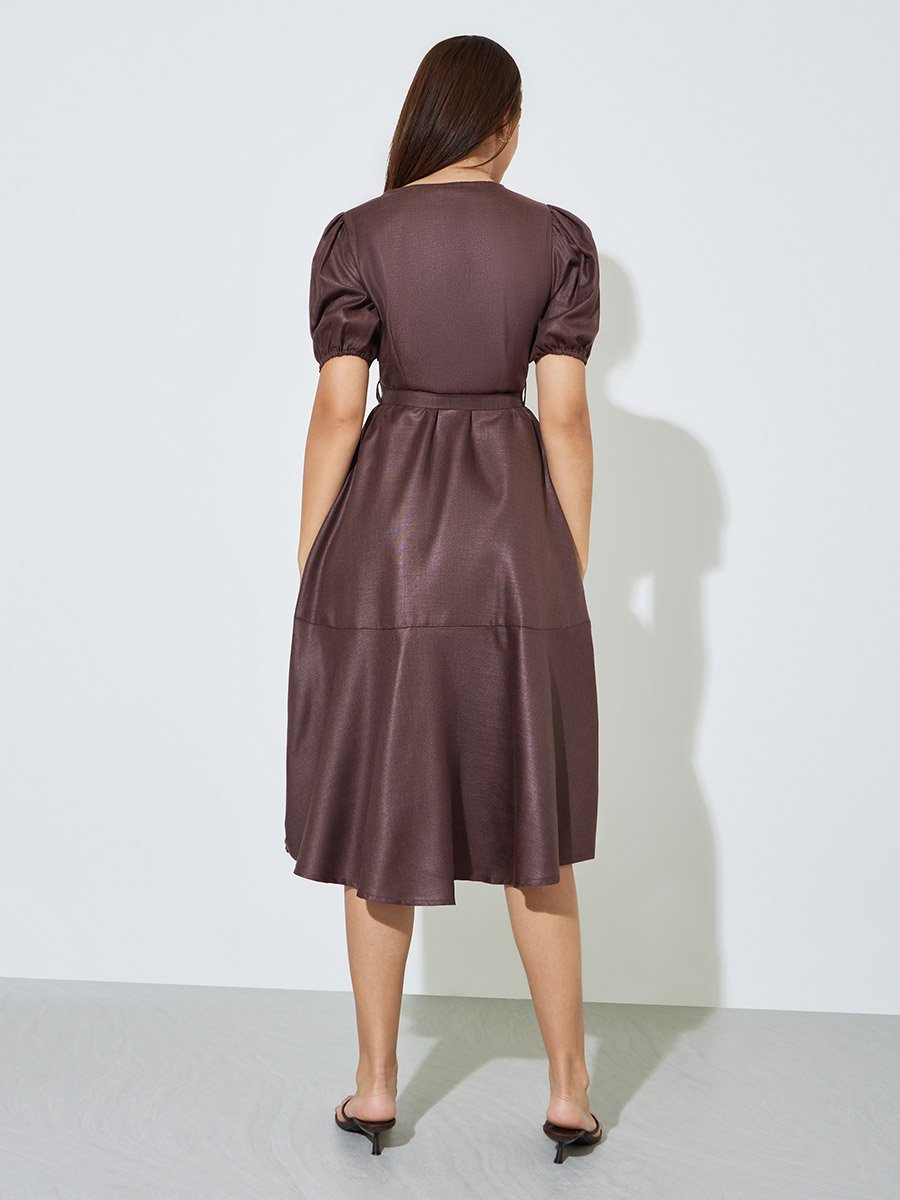 Brown A-Line Midi Dress with Puff Sleeves For Women at Saudi | Styli Brown A-Line Midi Dress with Puff Sleeves For Women at Saudi | Styli
