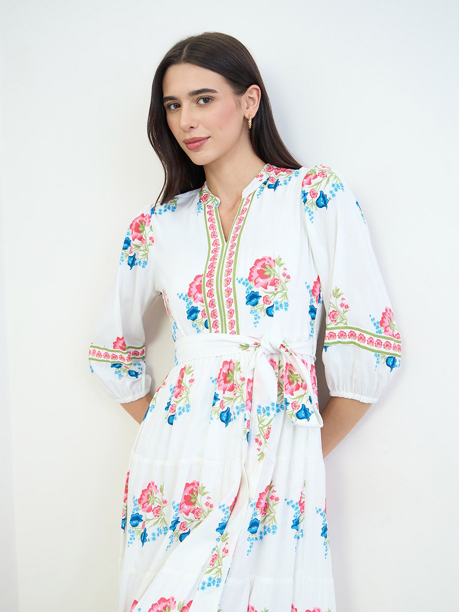 White Floral Tiered Midi Dress with Tie-Belt