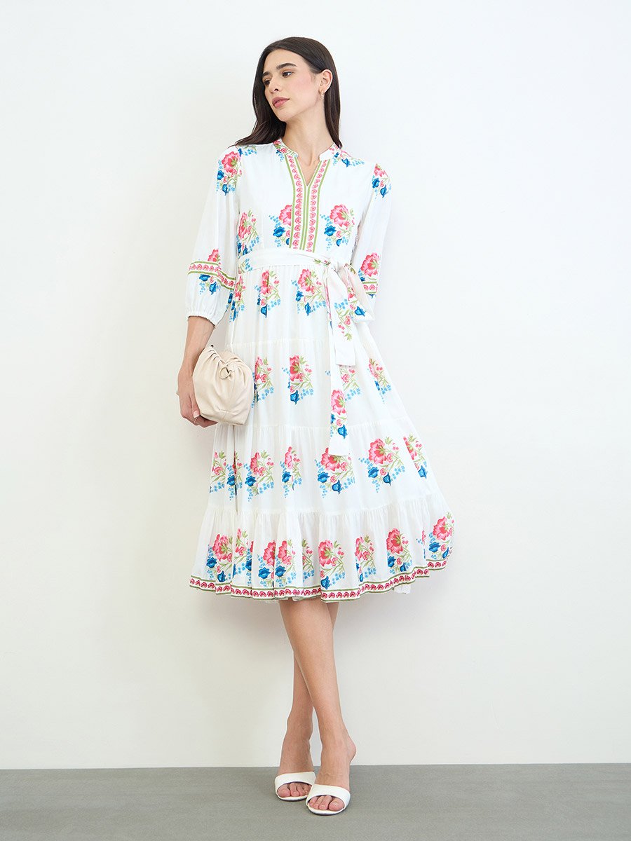 White Floral Tiered Midi Dress with Tie-Belt