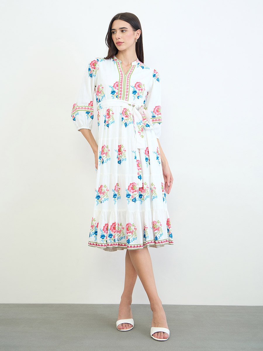 White Floral Tiered Midi Dress with Tie-Belt