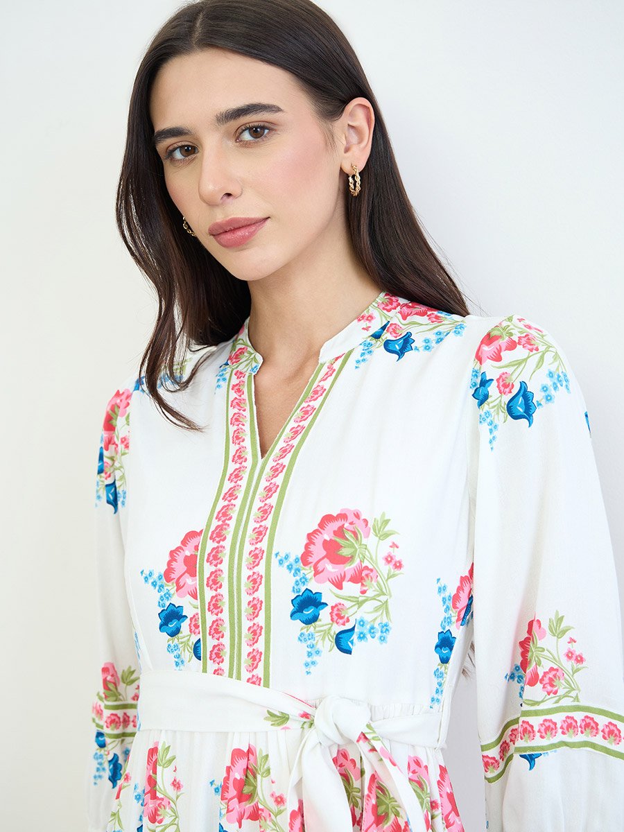 White Floral Tiered Midi Dress with Tie-Belt