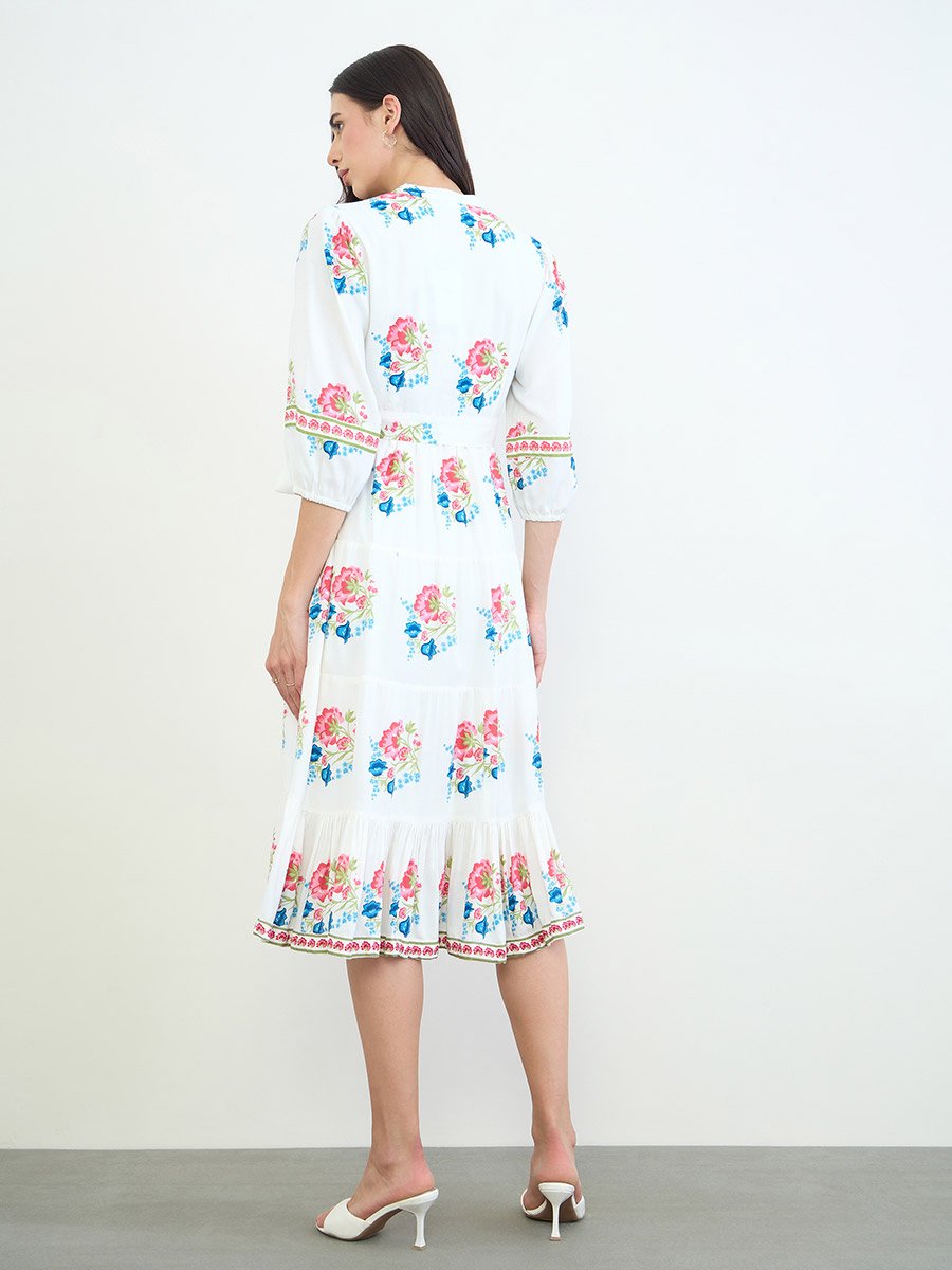 White Floral Tiered Midi Dress with Tie-Belt
