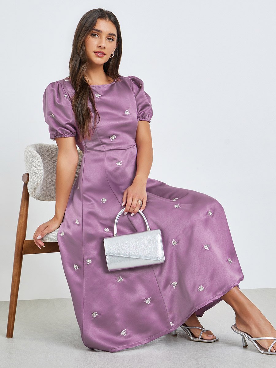 Purple Embroidered Satin Midi Dress