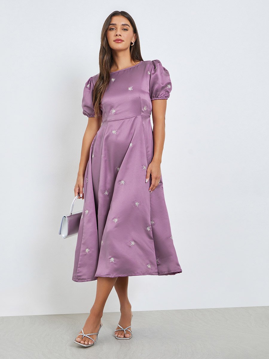 Purple Embroidered Satin Midi Dress