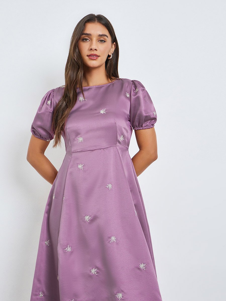 Purple Embroidered Satin Midi Dress