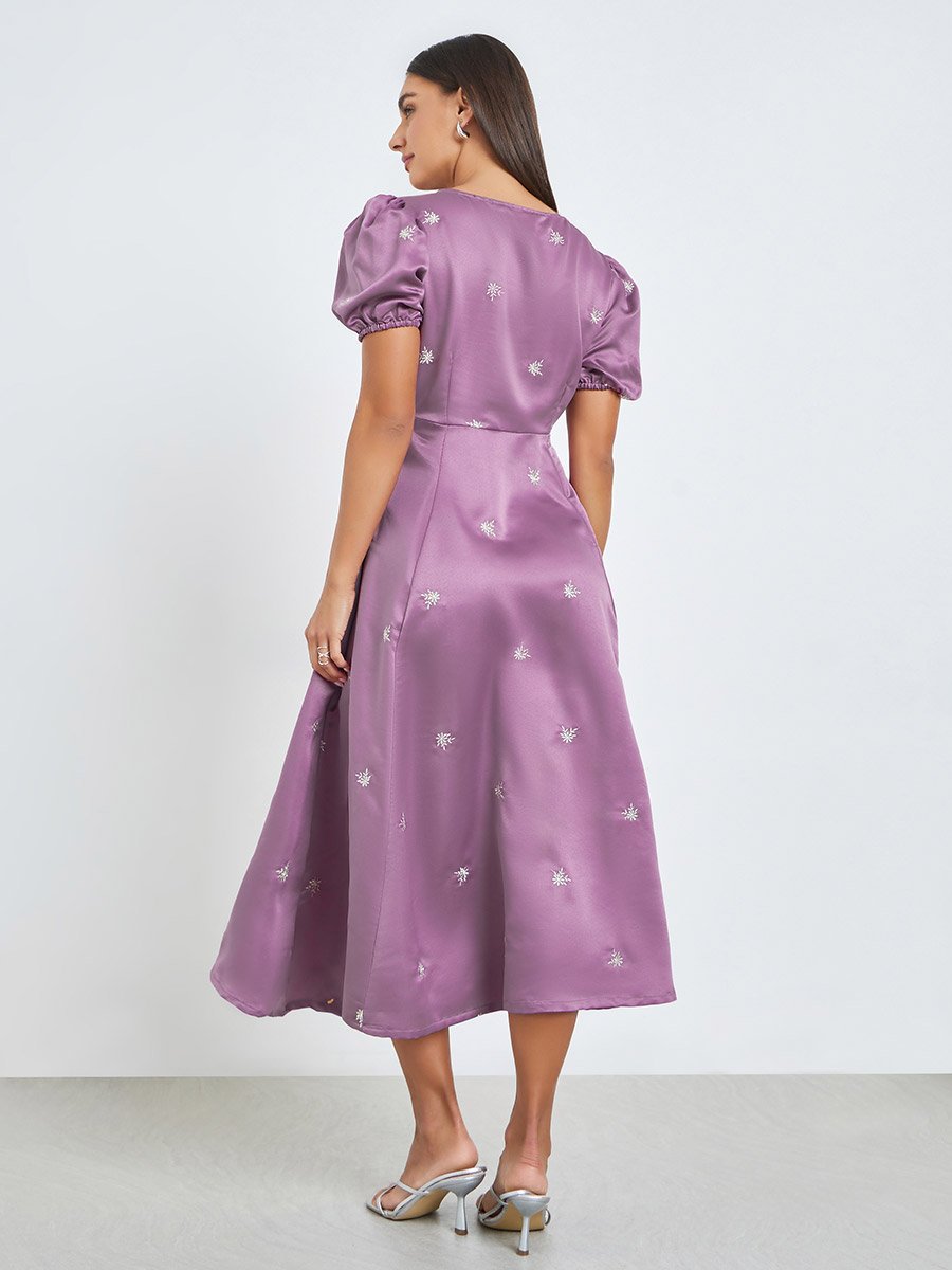 Purple Embroidered Satin Midi Dress