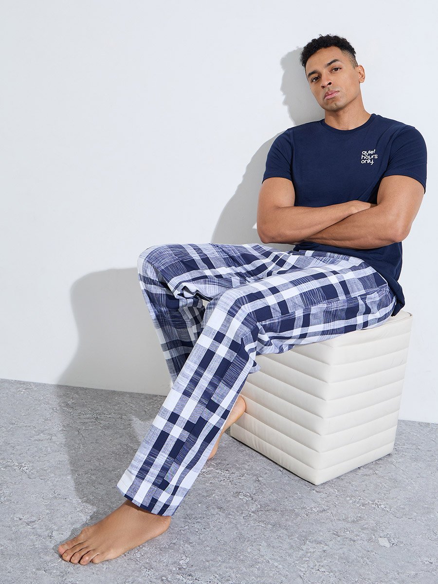 Navy Blue Printed T-Shirt and Checked Straight Leg Pants Pyjama Set