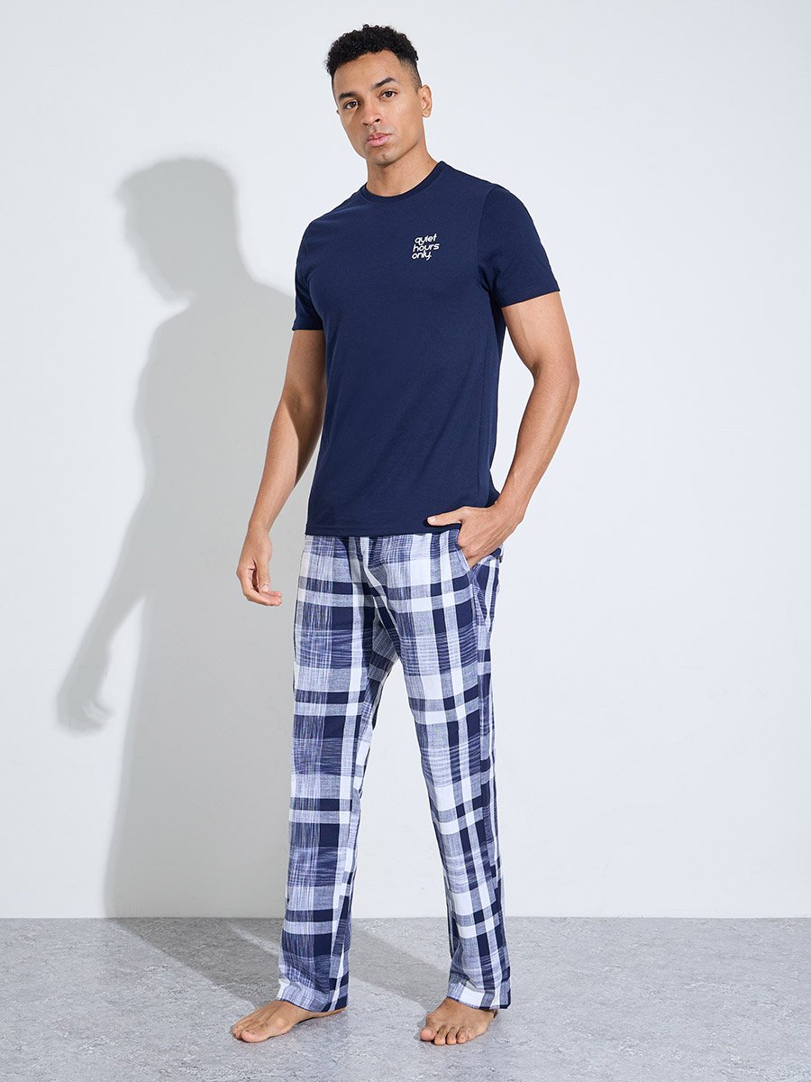 Navy Blue Printed T-Shirt and Checked Straight Leg Pants Pyjama Set