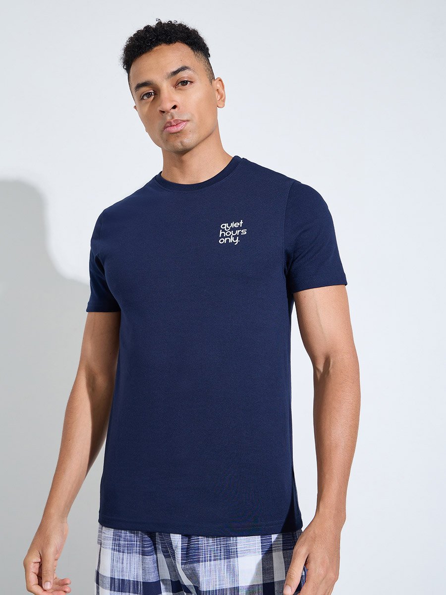 Navy Blue Printed T-Shirt and Checked Straight Leg Pants Pyjama Set