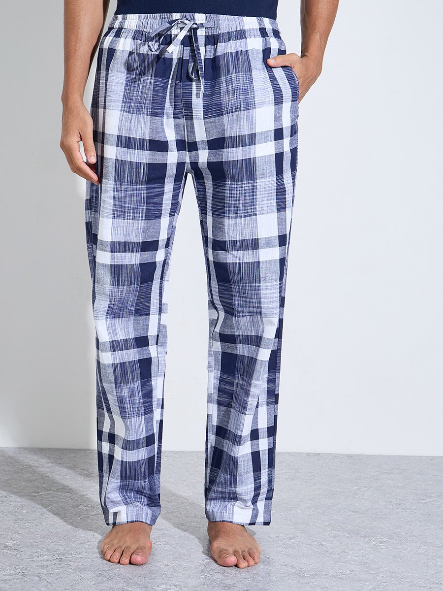 Navy Blue Printed T-Shirt and Checked Straight Leg Pants Pyjama Set