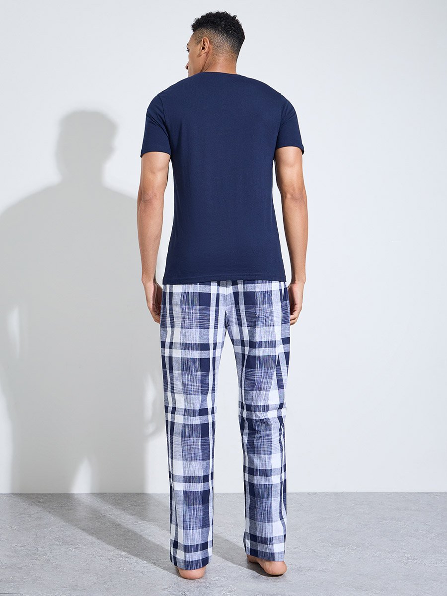 Navy Blue Printed T-Shirt and Checked Straight Leg Pants Pyjama Set