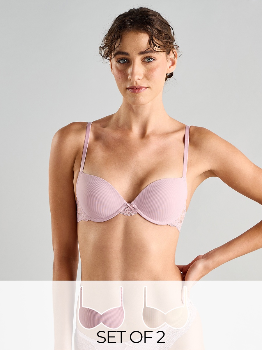 Pack of 2 - Ribbed Push-Up Demi Bra with Adjustable Straps