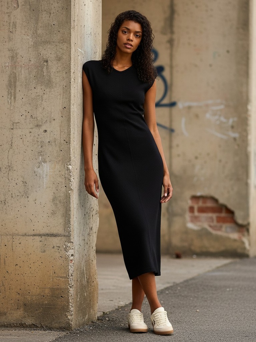 Ribbed Dress with Extended Sleeves