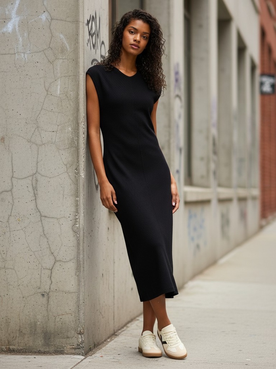 Ribbed Dress with Extended Sleeves