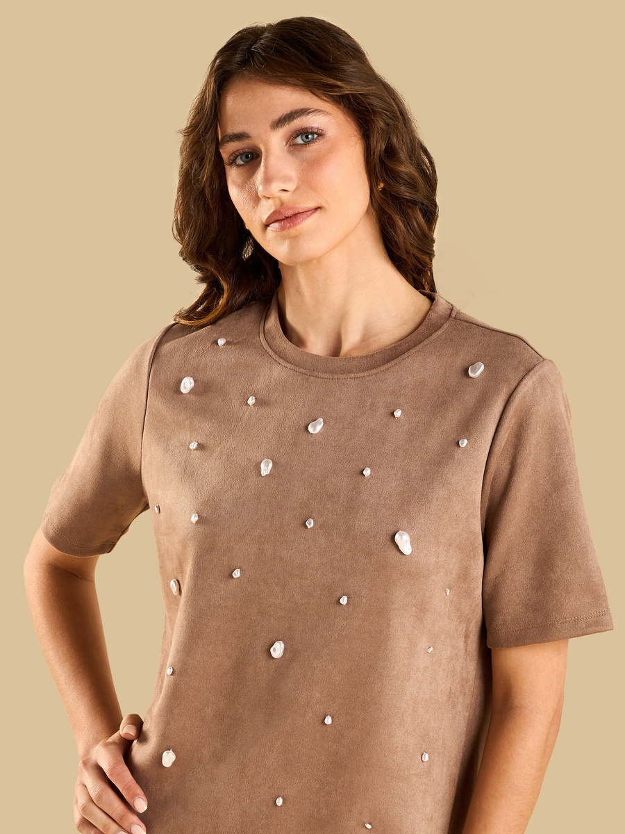 Pearl Embellished Suede Dress