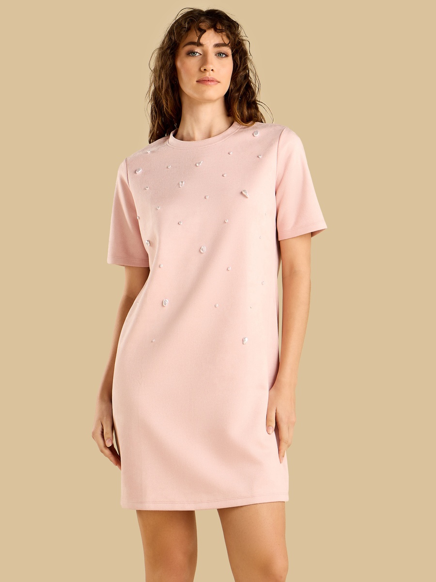 Pearl Embellished Suede Dress