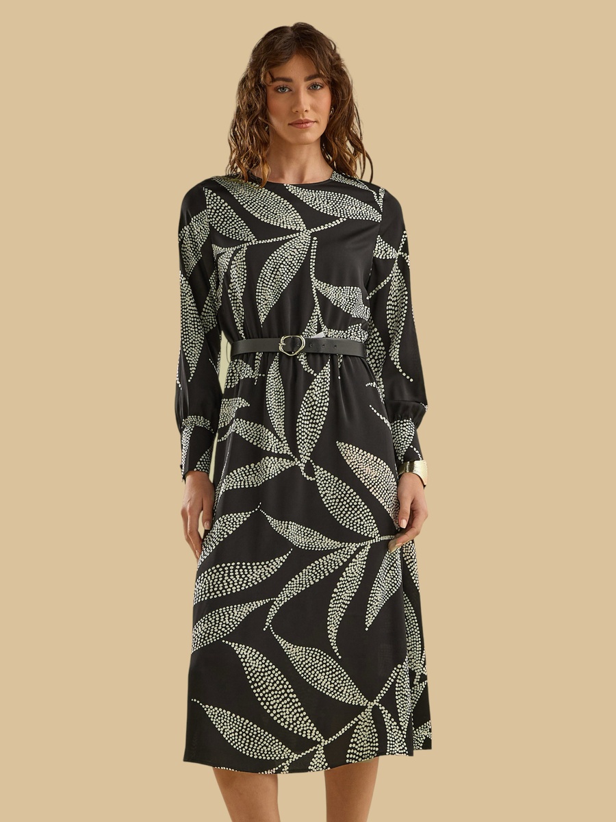 Printed Satin Dress with Belt