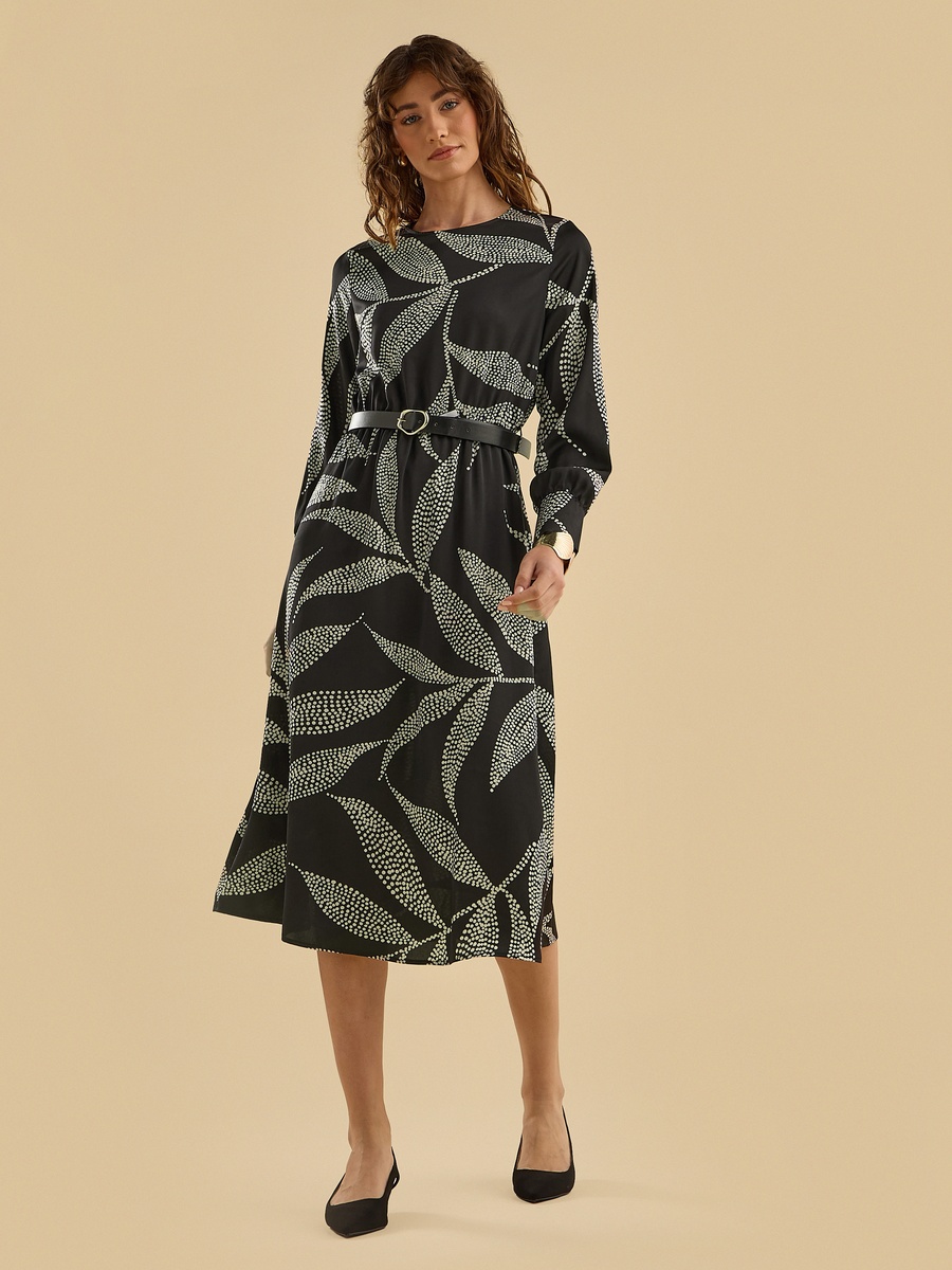 Printed Satin Dress with Belt