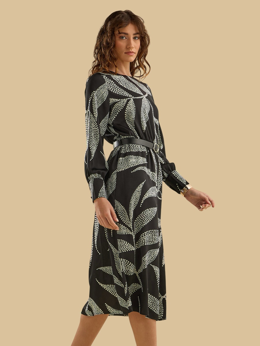 Printed Satin Dress with Belt