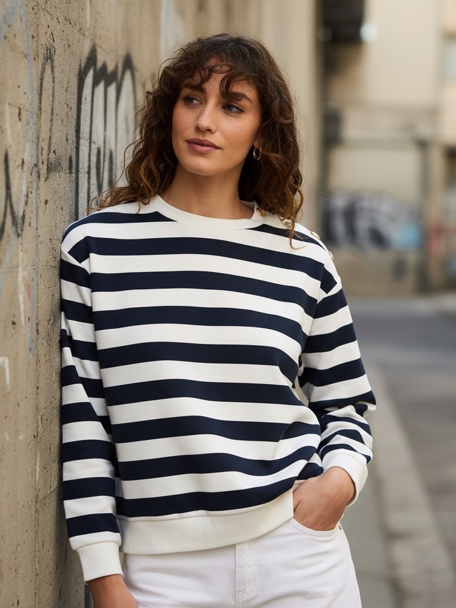 Striped Sweatshirt with Button Detail