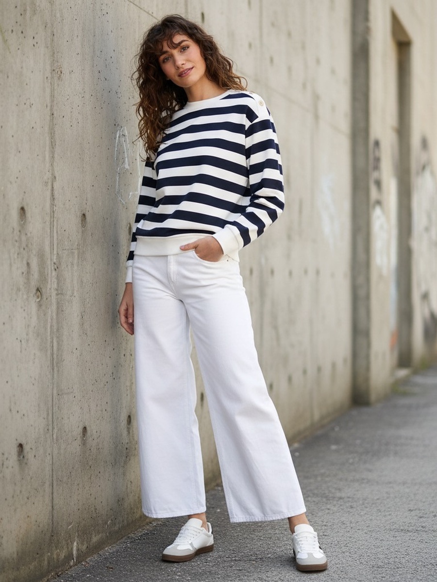 Striped Sweatshirt with Button Detail
