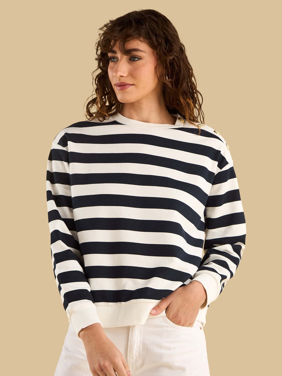 Striped Sweatshirt with Button Detail
