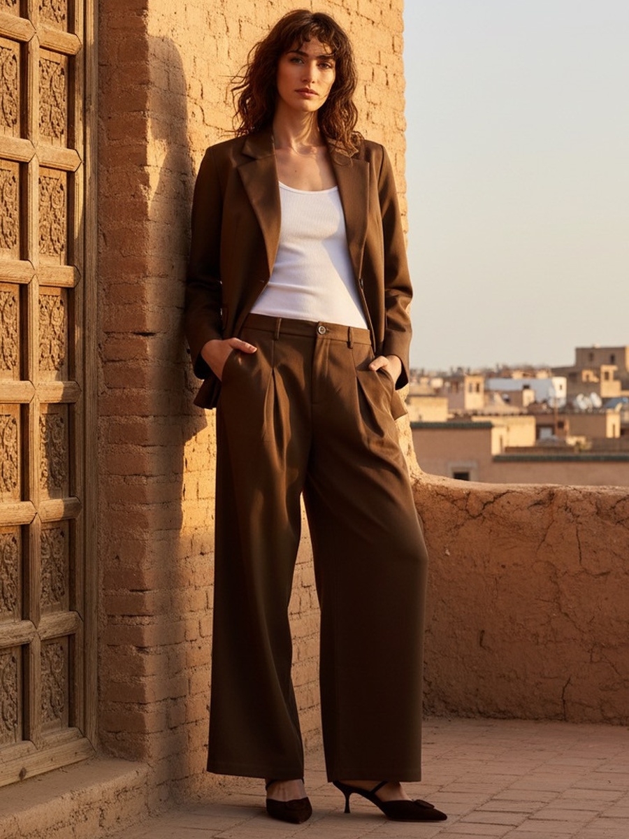 بنطال بأرجل واسعة وكسرات مع خصر متوسط