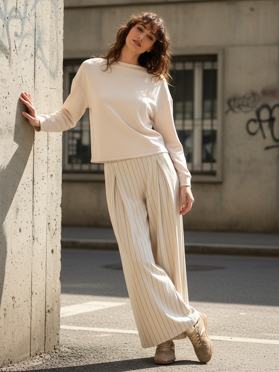 Striped Front Pleated Wide Leg Pants