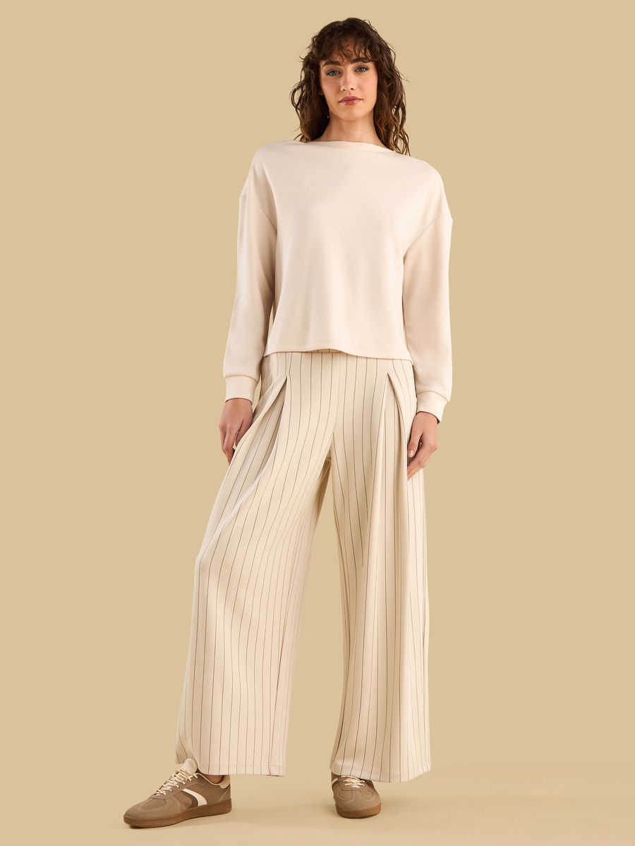 Striped Front Pleated Wide Leg Pants