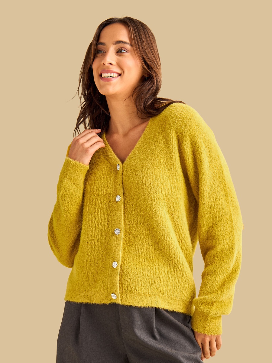 Faux Fur Textured V Neck Cardigan