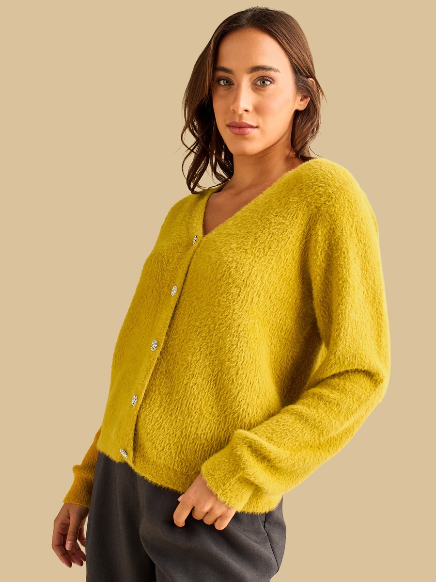 Faux Fur Textured V Neck Cardigan