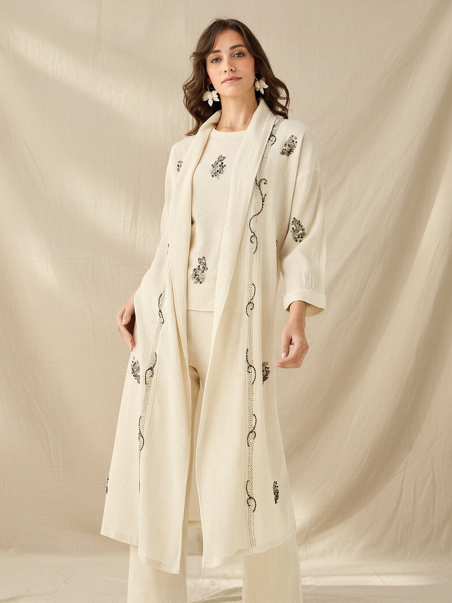 Regular Fit Viscose Open Front Shrug with Bead Embellishment